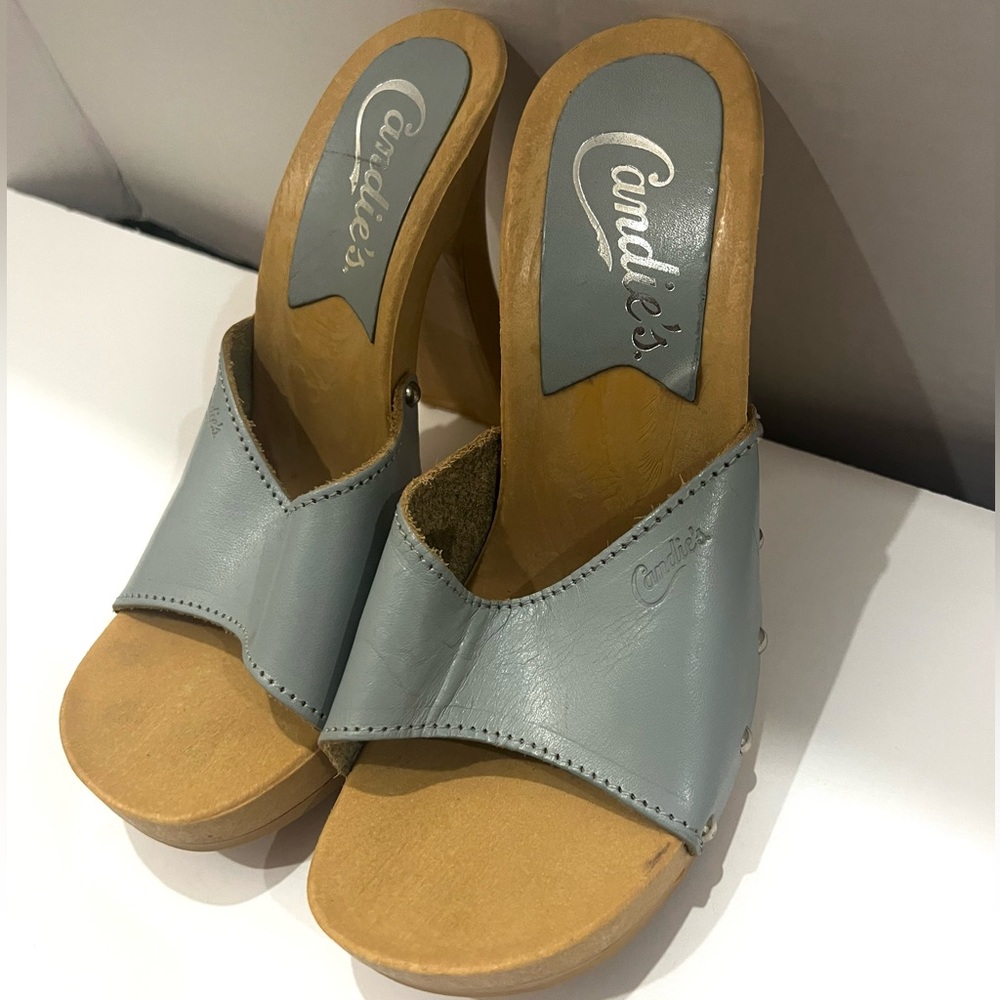 Candie's Light Blue Leather Slide Wedge Clogs